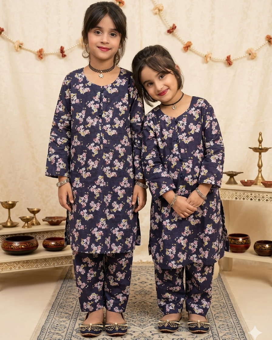 Navy Blue Lawn Shirt & Trouser For Kids
