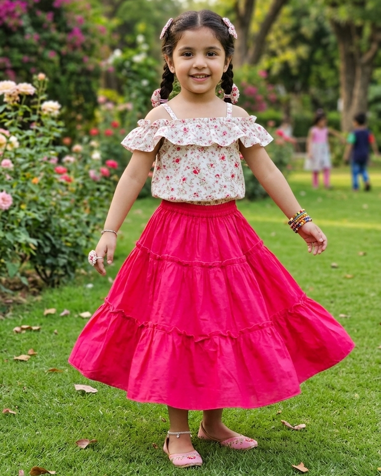 Pink Skirt & Floral Top for Kids