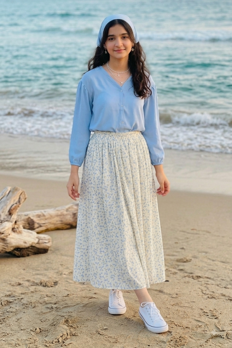 Floral Skirt with Sky Blue Shirt