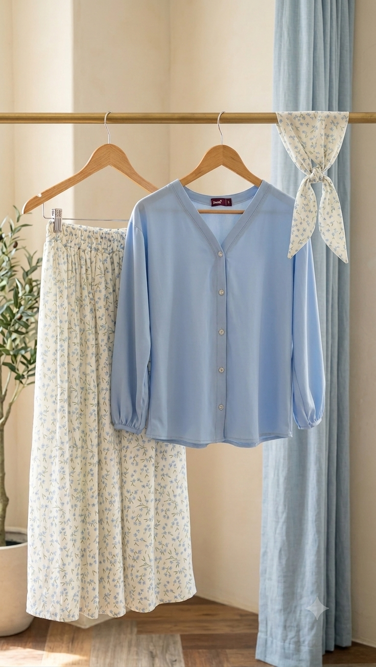 Floral Skirt with Sky Blue Shirt