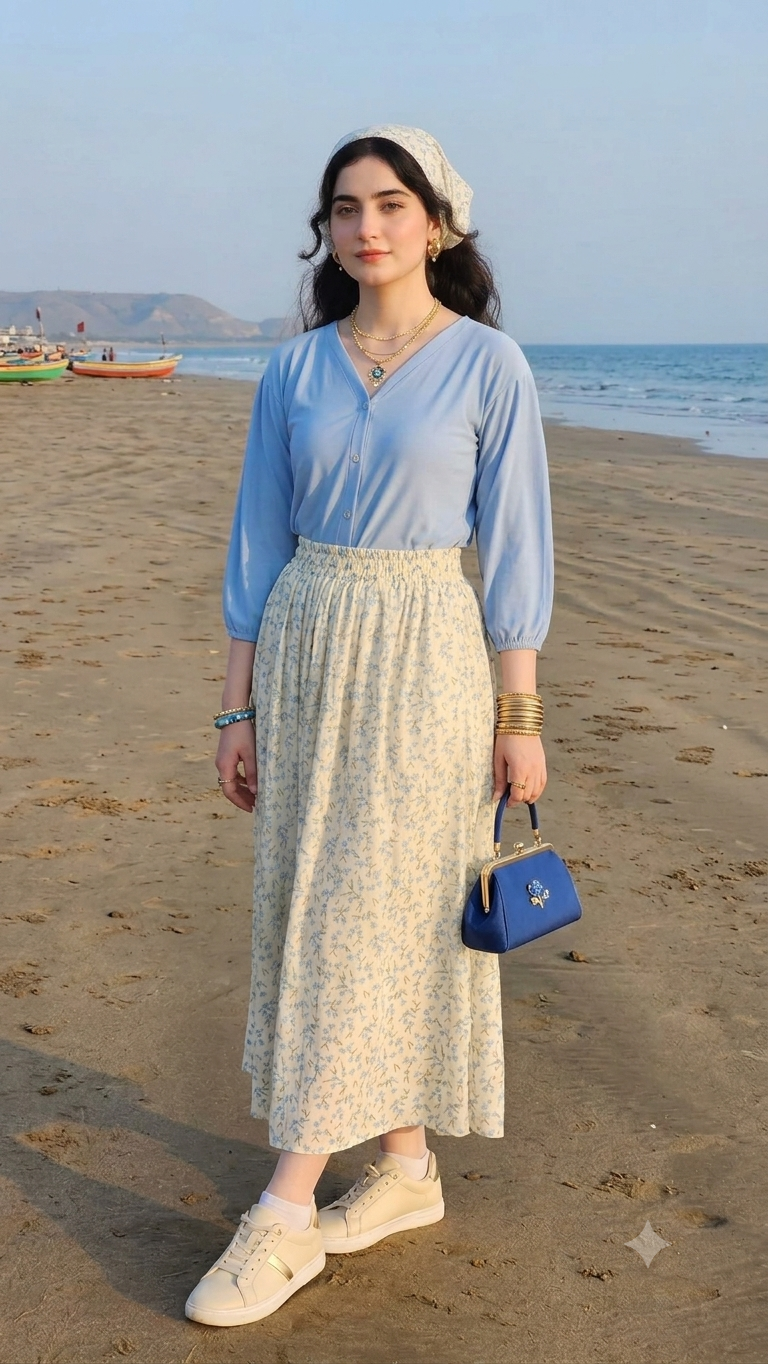 Floral Skirt with Sky Blue Shirt