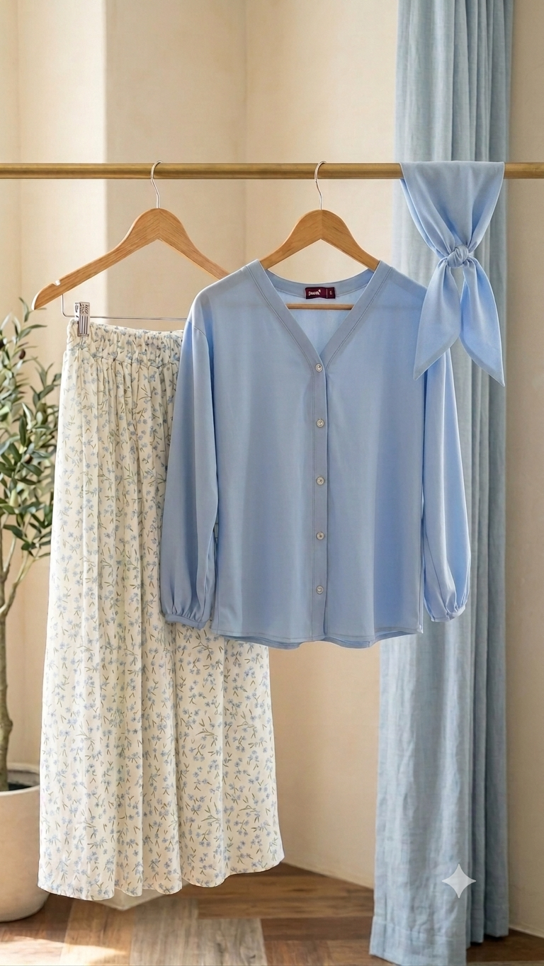 Floral Skirt with Sky Blue Shirt