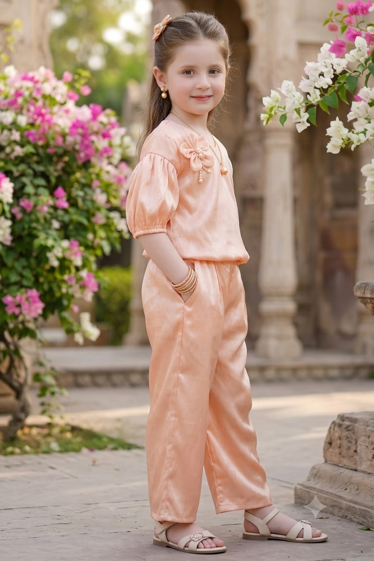 Girls' peach self-embossed silk shirt and trouser, Giraah kids – photo 5