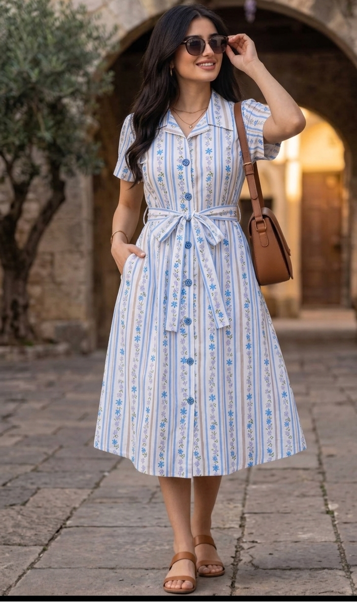 White and blue floral cotton midi shirt dress with tie waist, Giraah