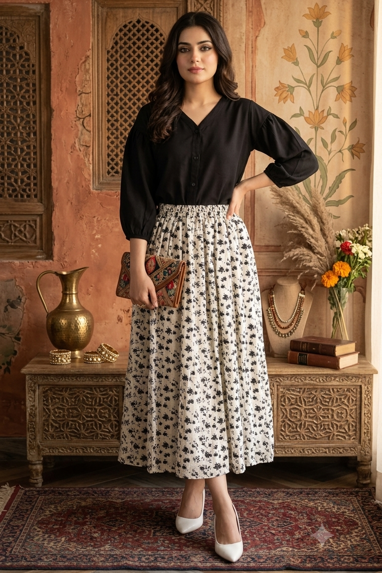 Black and off-white floral skirt with solid shirt, Giraah