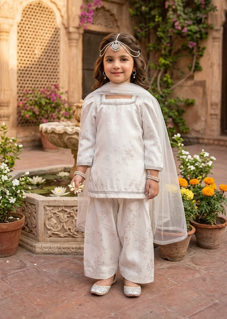 Girls' off-white silk farshi shalwar kameez with silver gota, Giraah kids