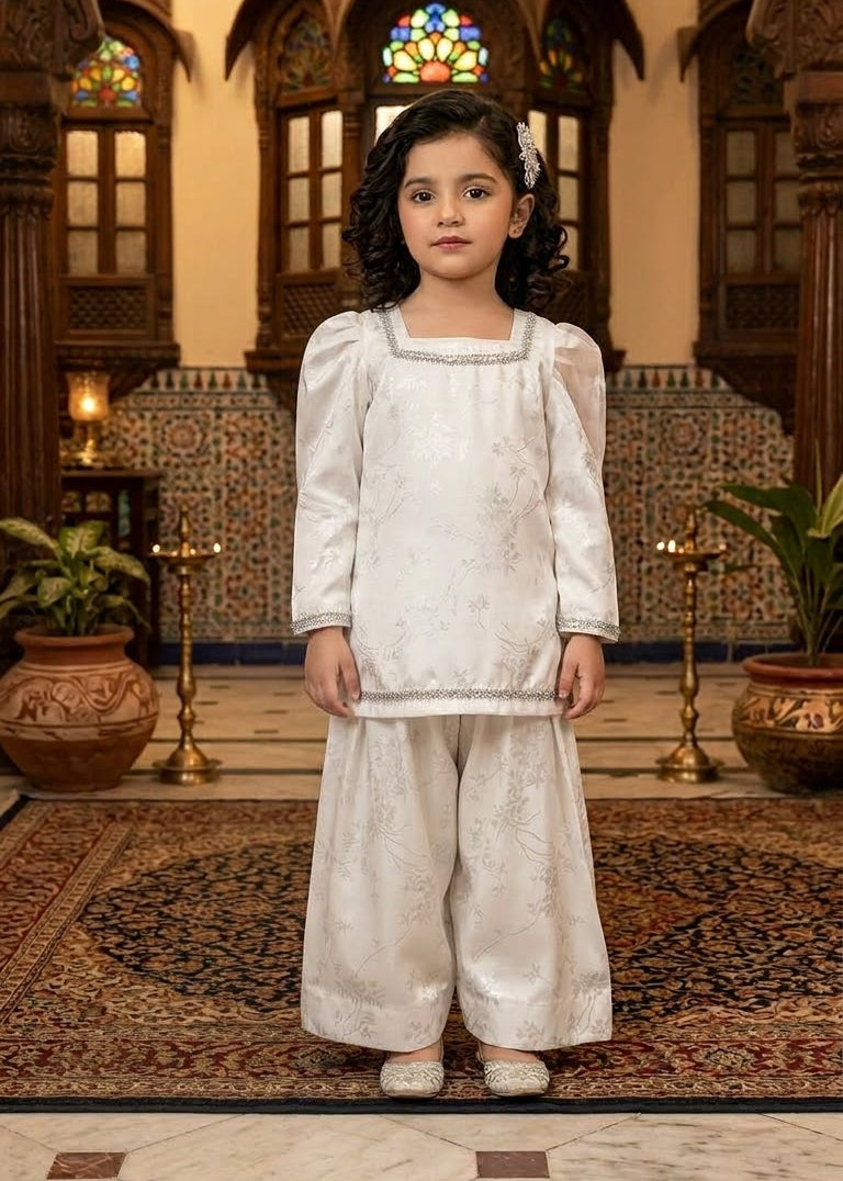 Girls' off-white silk farshi shalwar kameez with silver gota, Giraah kids – photo 6