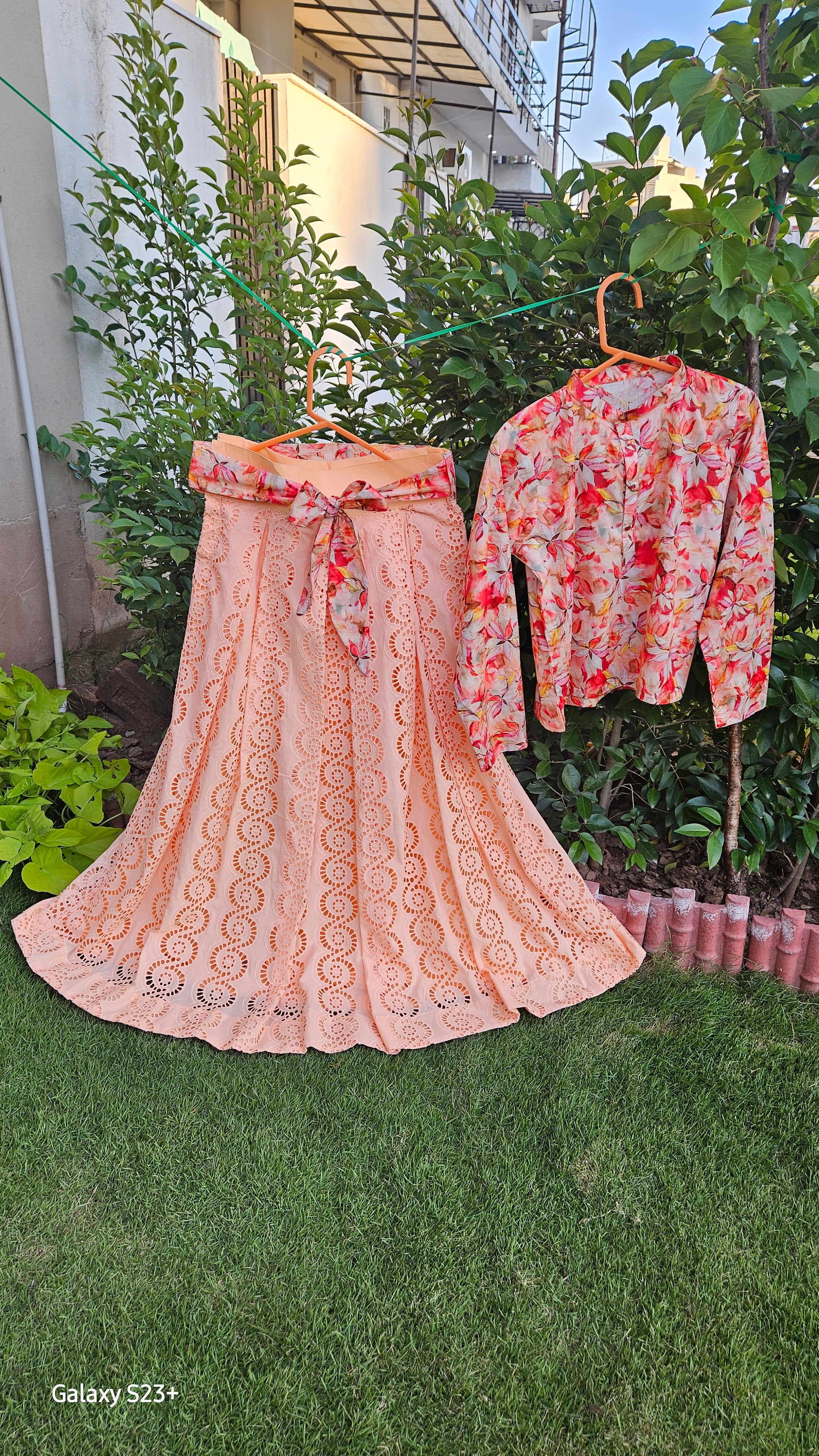 Peach Chicken Kari Skirt With Floral Top