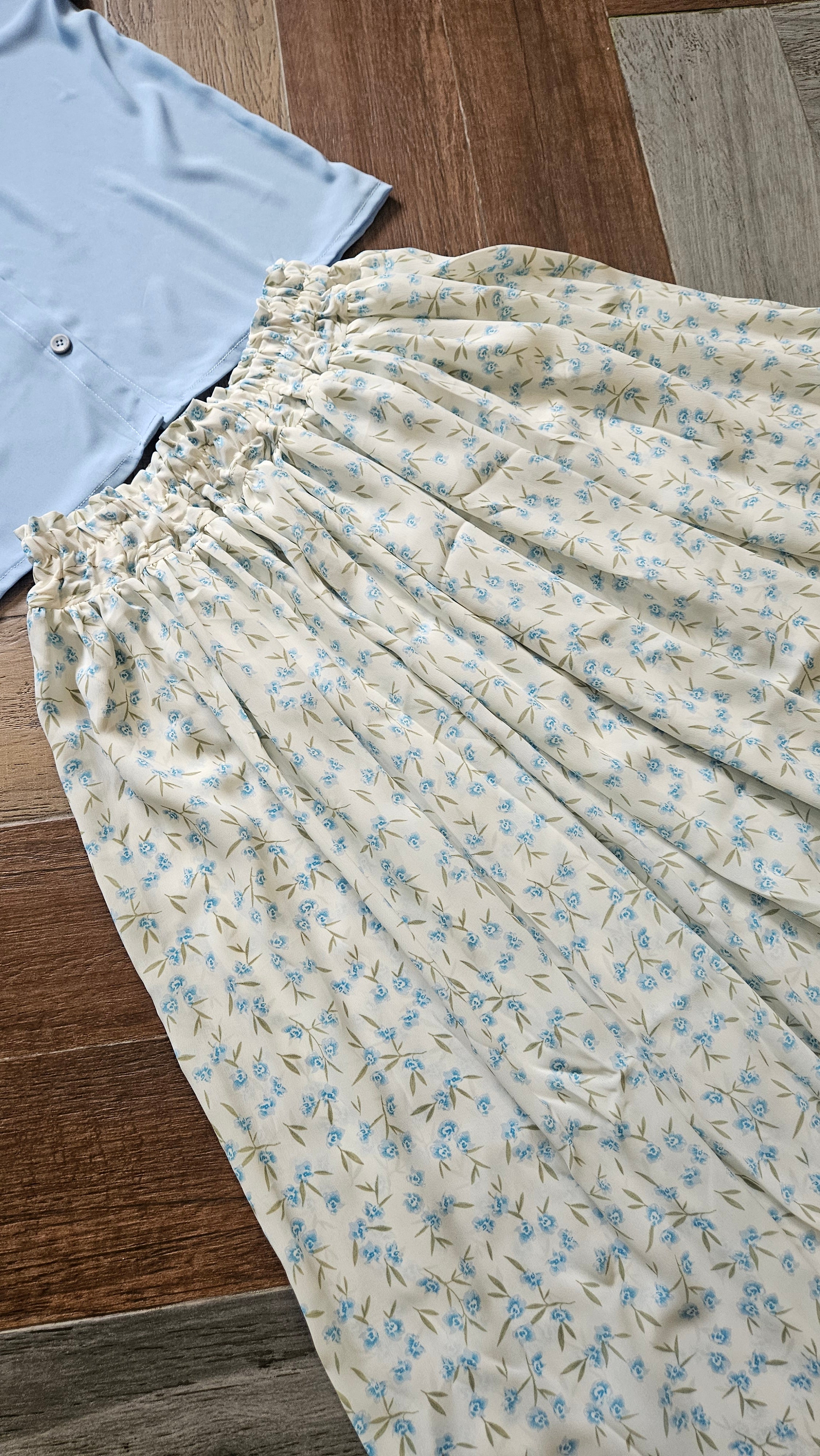 Floral Skirt with Sky Blue Shirt