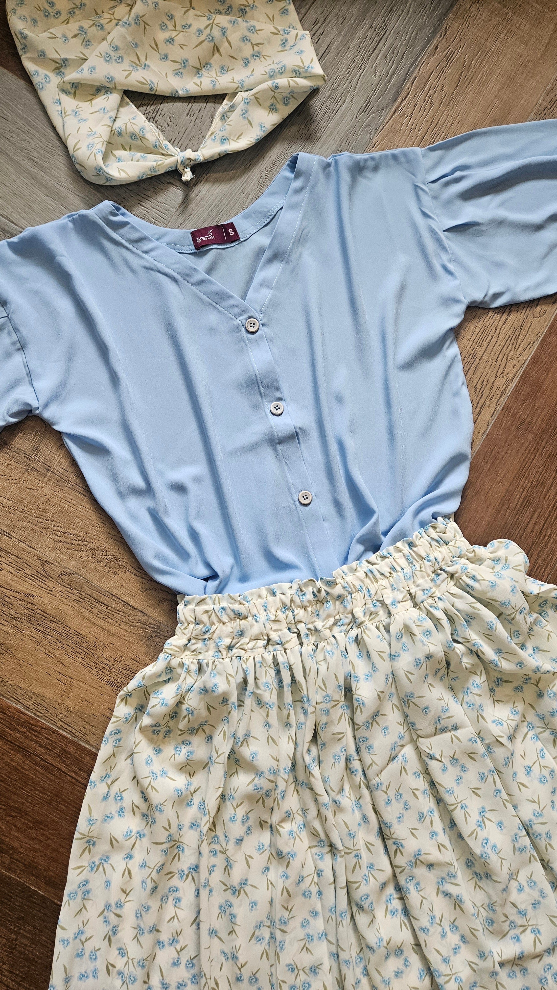 Floral Skirt with Sky Blue Shirt