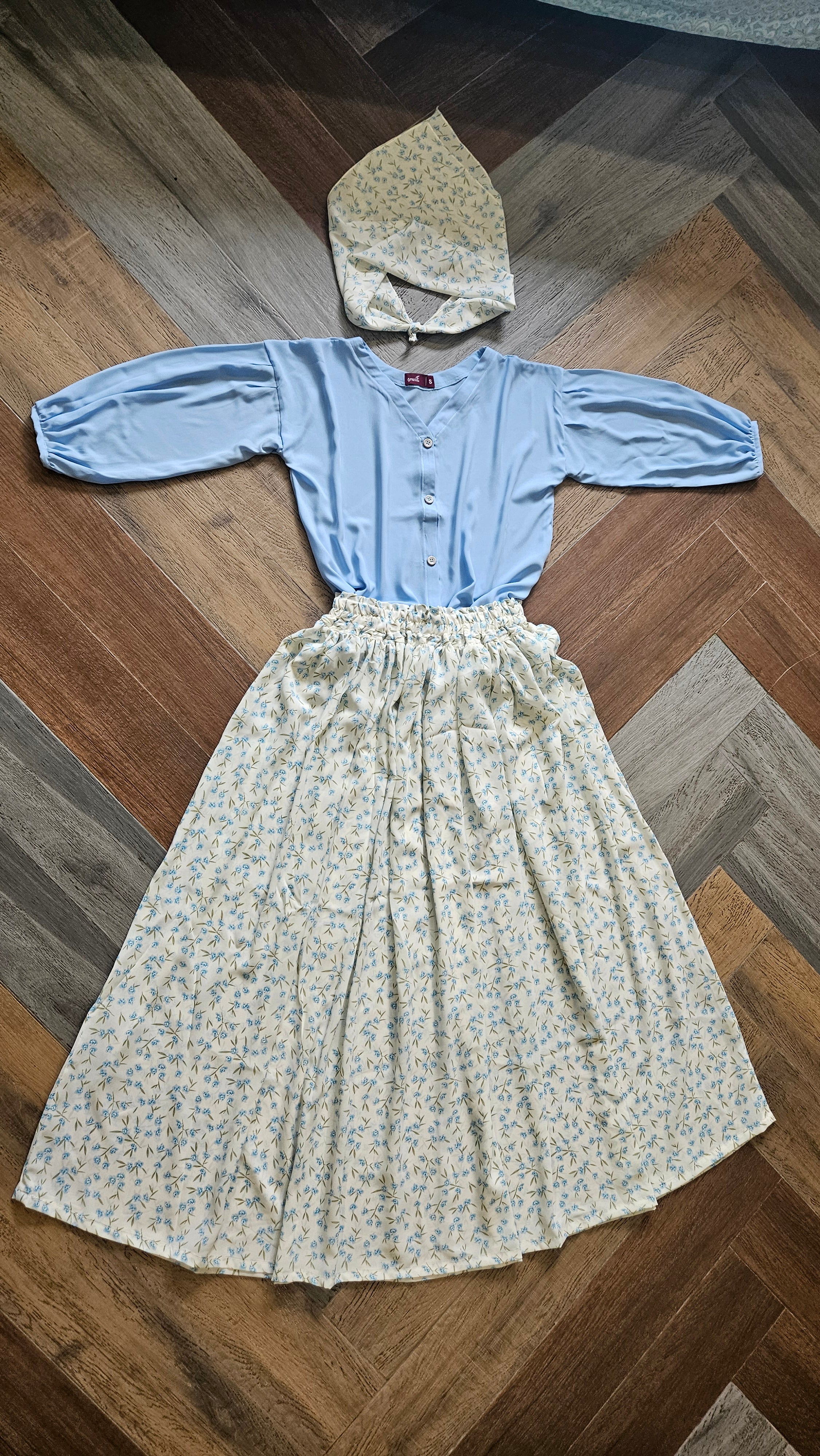 Floral Skirt with Sky Blue Shirt