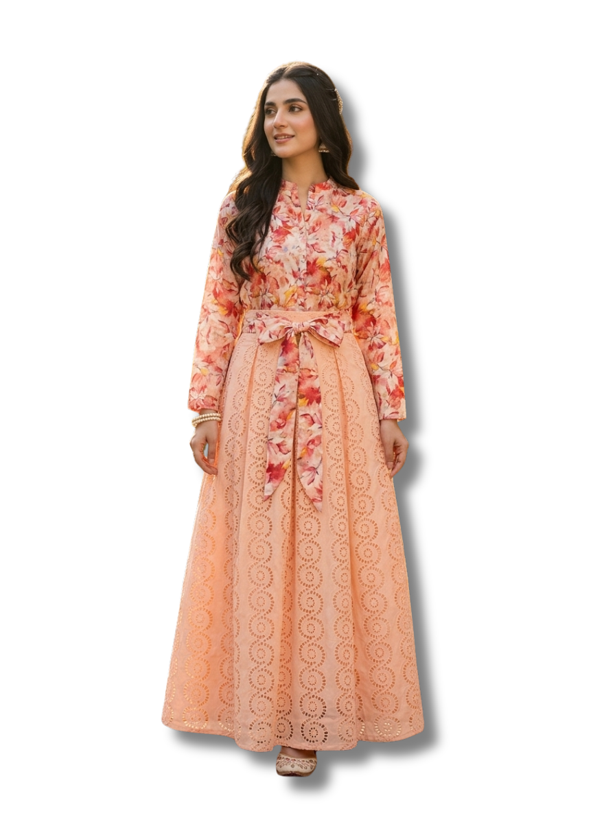 Peach Chicken Kari Skirt With Floral Top