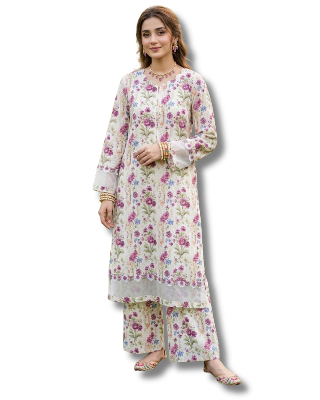 Off-White Floral Qameez & Shalwar