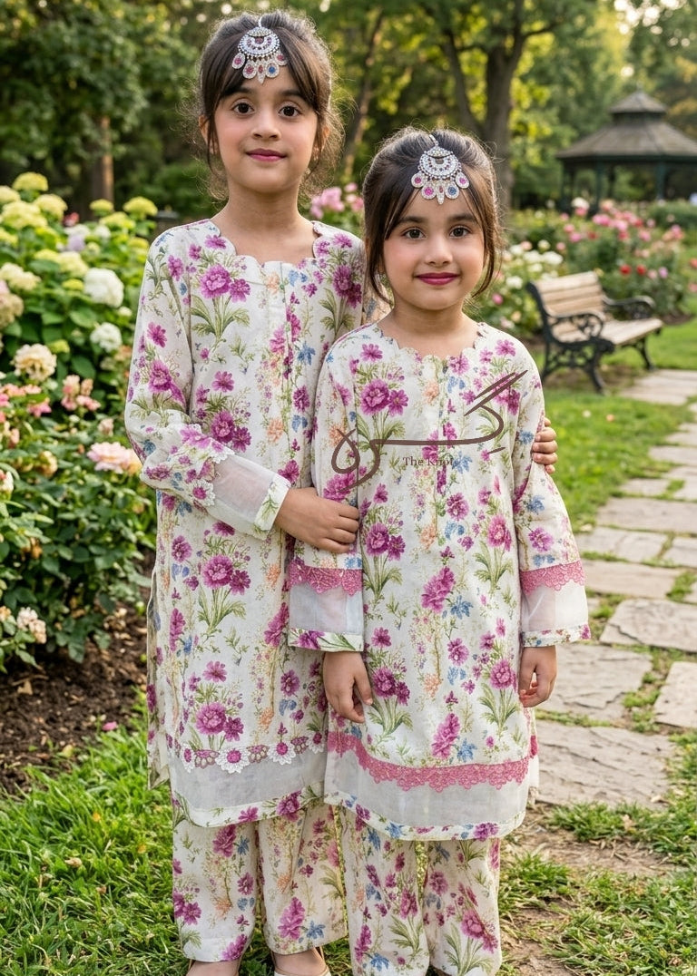 Two young girls in floral outfits standing in a garden.
