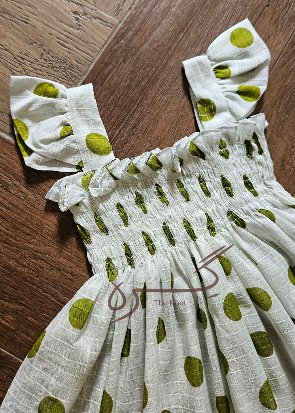Girls' olive green polka dot smocked dress, Giraah kids – photo 2