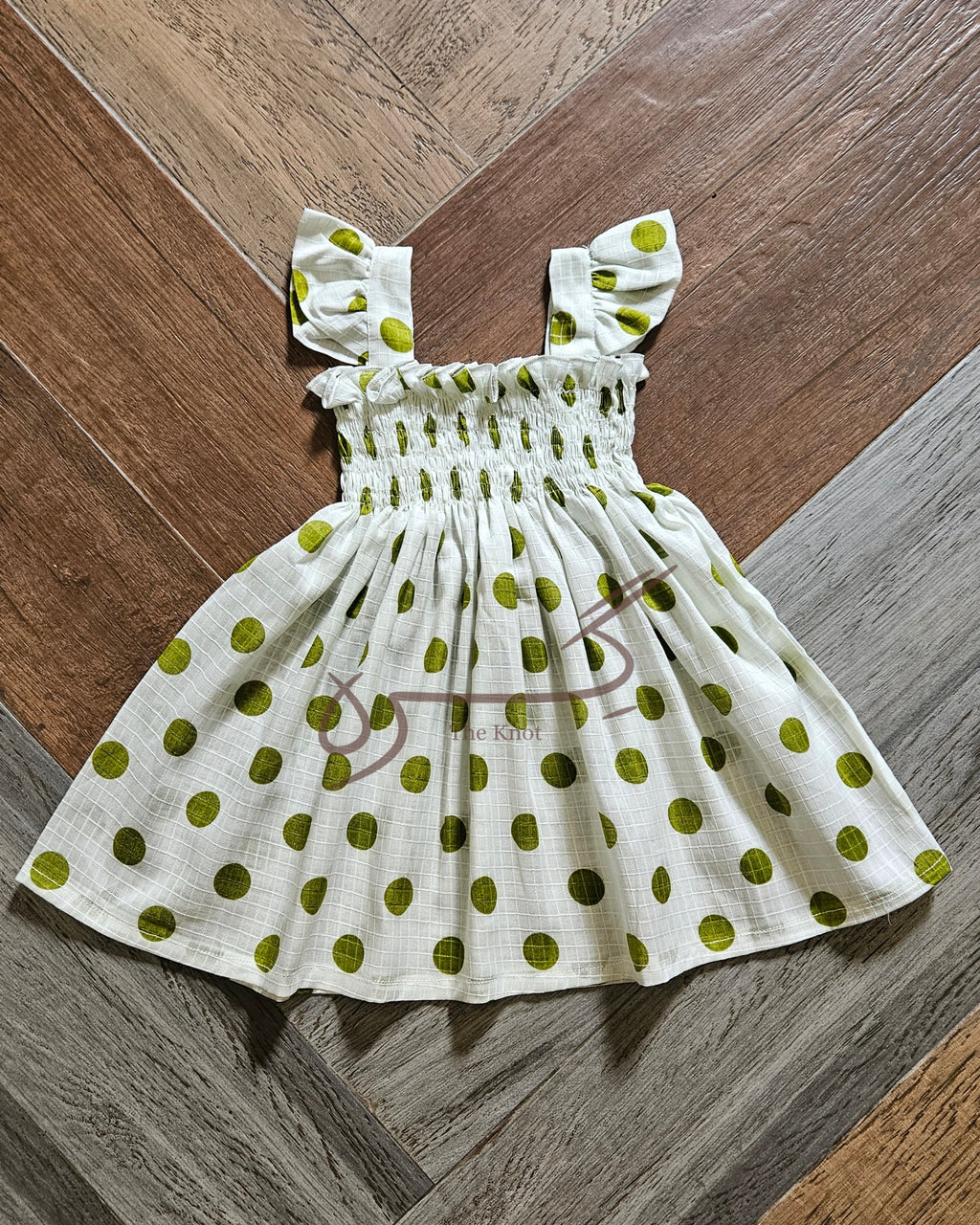 Girls' olive green polka dot smocked dress, Giraah kids – photo 3