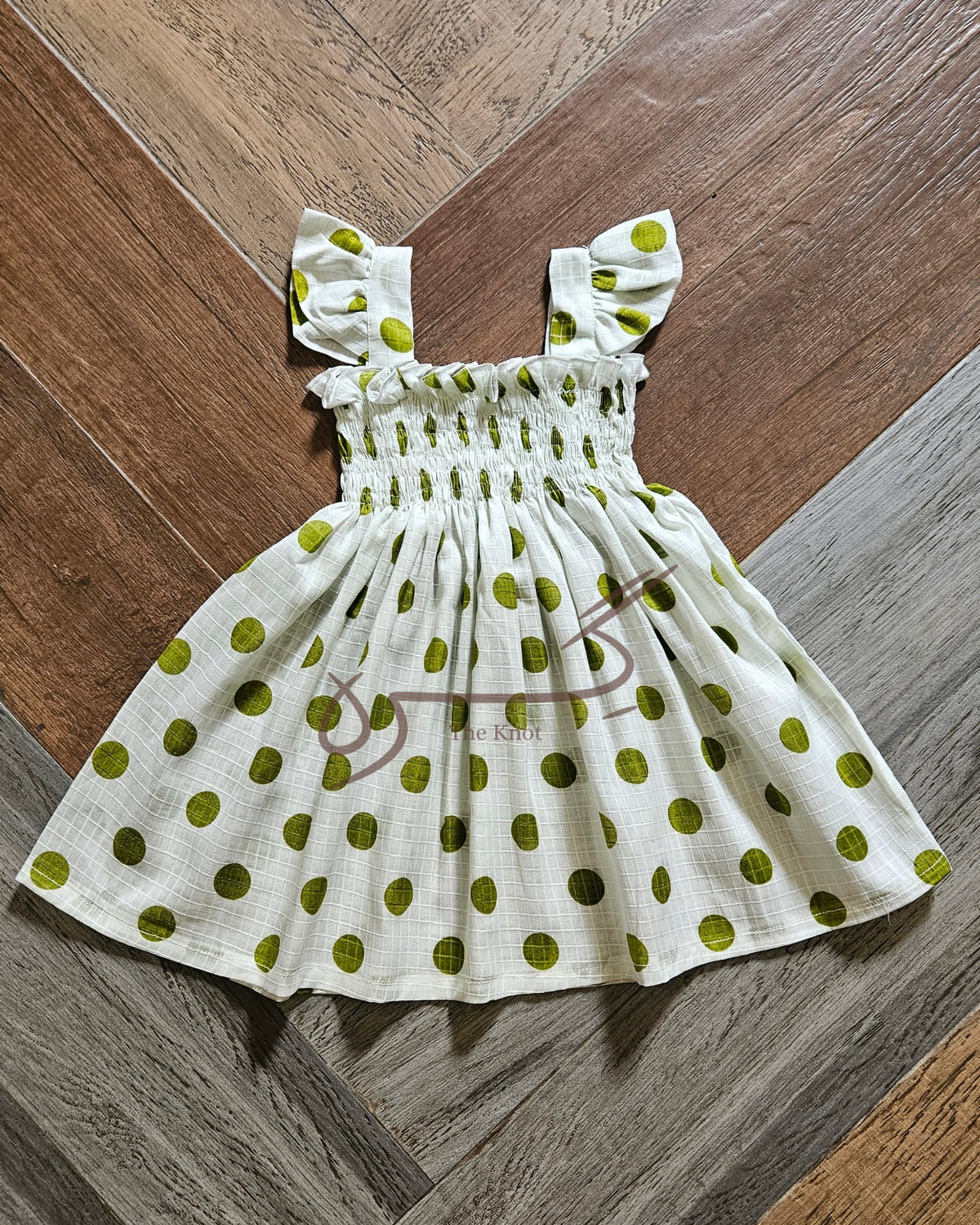Girls' olive green polka dot smocked dress, Giraah kids – photo 3