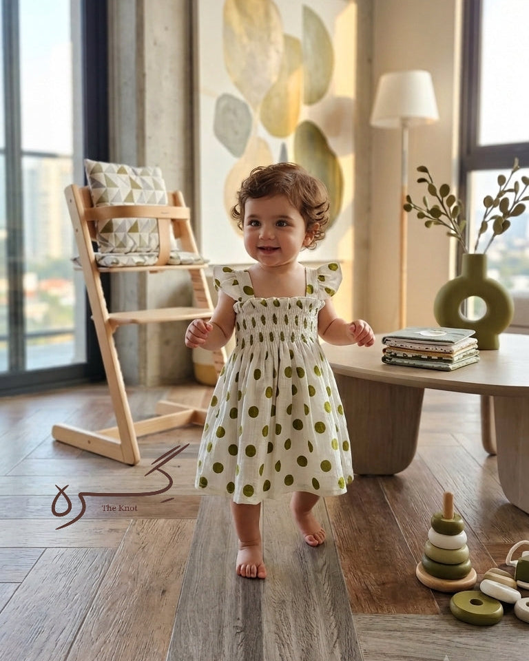 Girls' olive green polka dot smocked dress, Giraah kids