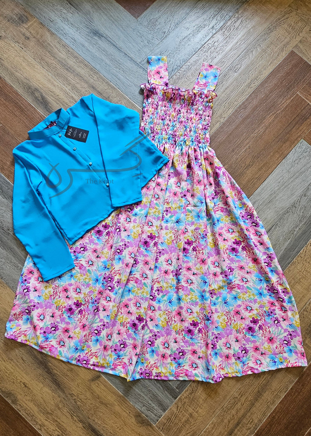 Floral smocked maxi frock with textured blue jacket, Giraah – photo 2