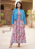 Floral smocked maxi frock with textured blue jacket, Giraah