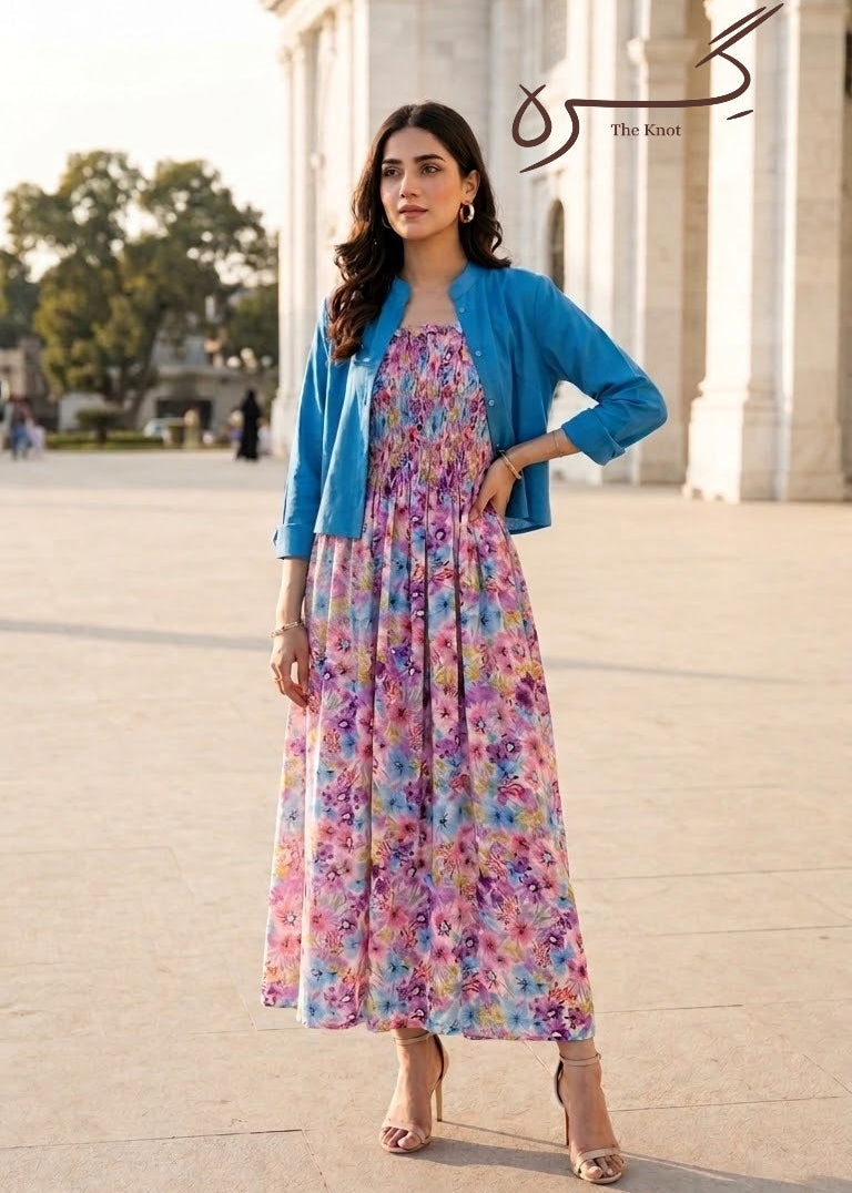 Floral smocked maxi frock with textured blue jacket, Giraah – photo 6