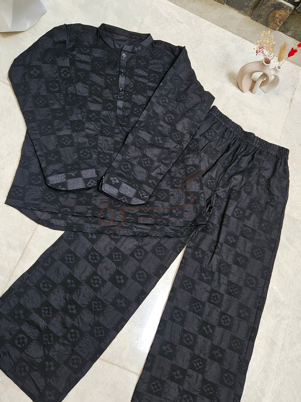 Black Checked Co-ord Set Embossed Lawn