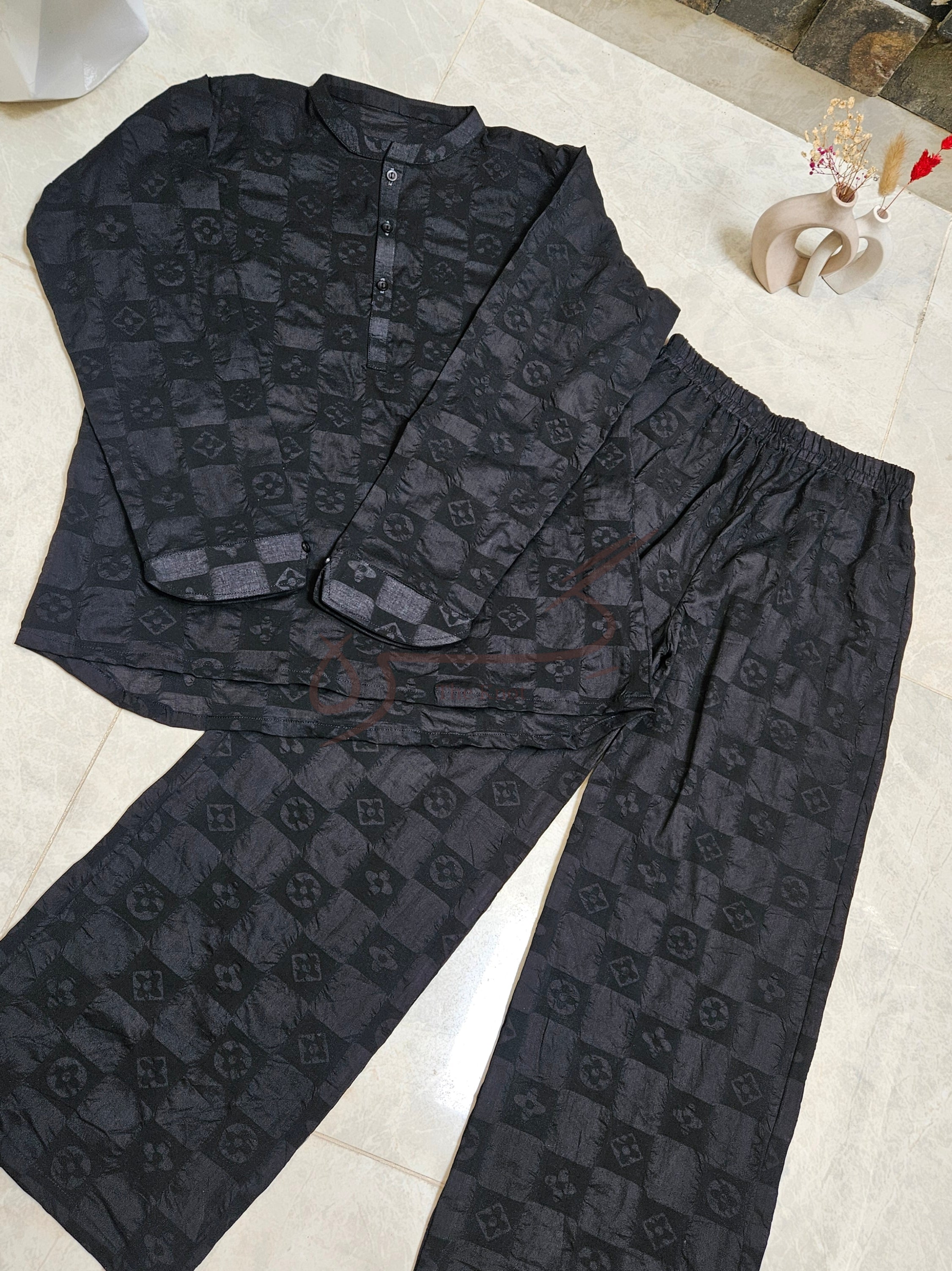 Black Checked Co-ord Set Embossed Lawn