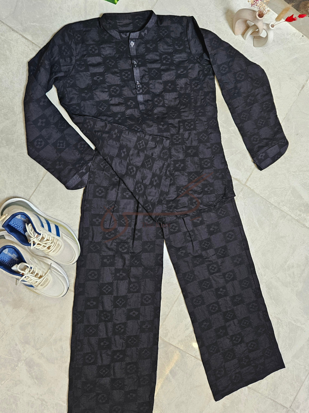 Black Checked Co-ord Set Embossed Lawn