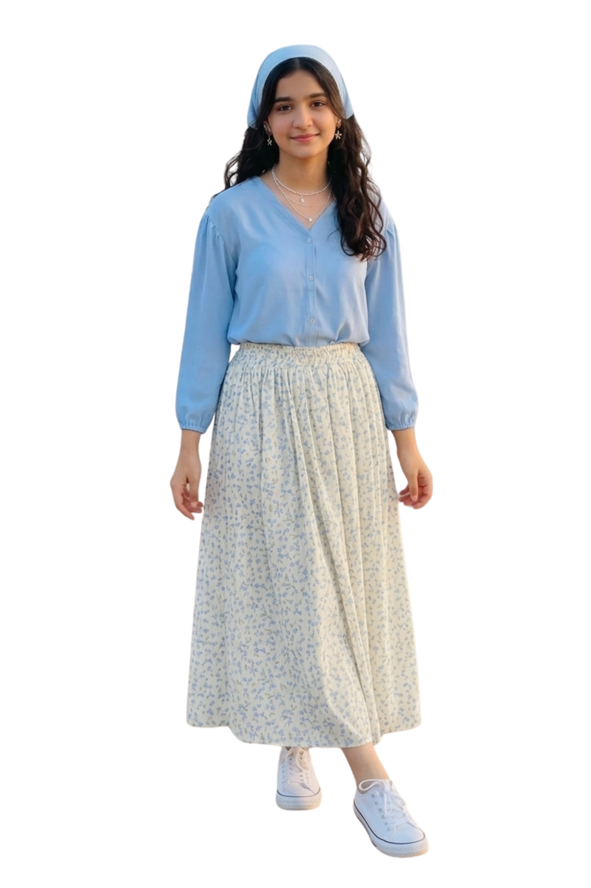 Floral Skirt with Sky Blue Shirt